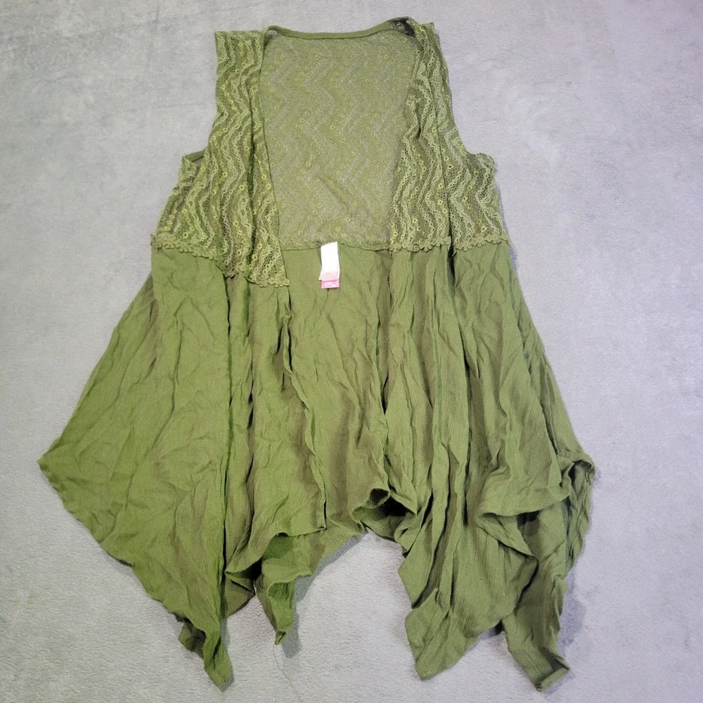 No Boundaries Vest Womens L Olive Green Lace Back Sharkbite Boho Layering NJ17T1